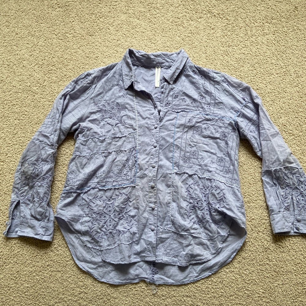 Anthropologie Light Blue Embroidered Button-Down Shirt